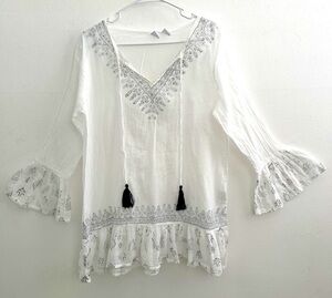 Bohemian Kaftan swim cover up White Blue S/M bell sleeves NEW